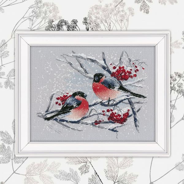 Broderikit Oven "Dompap på røn" 25x20 cm