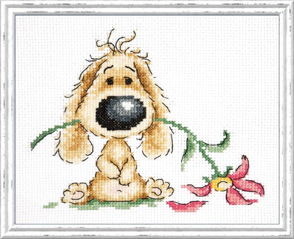Broderikit Magic Needle "Hvalp og blomst" 15x12 cm
