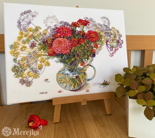 Broderikit Merejka K-210B - "Zinnia og dild" 38x26 cm