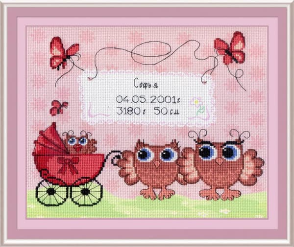 Broderikit MP Studia "Födelse-sampler ugglor" 25x22 cm