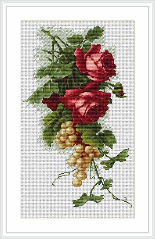 Broderisett Luca-S B2229 - "Røde roser og druer" 20x33 cm