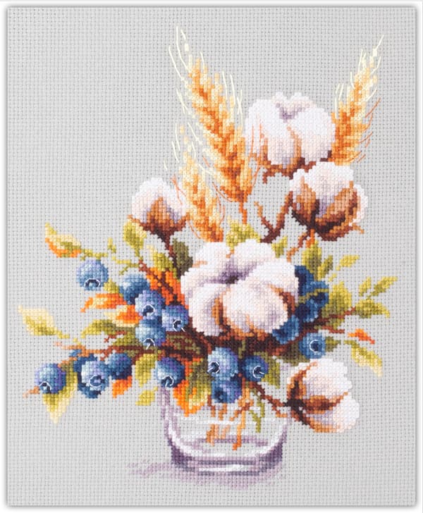 Broderikit Magic Needle "Blommande bomull och blåbär" 18x23 cm