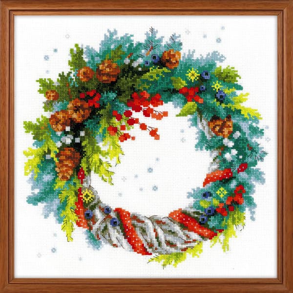 Broderikit Riolis "Krans med blå gran" 30x30 cm