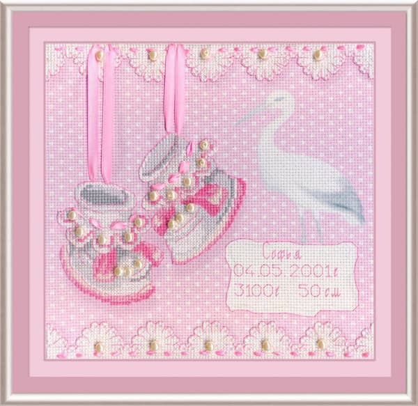 Broderikit MP Studia "Babyskor födelse-sampler (flicka)" 20x20 cm
