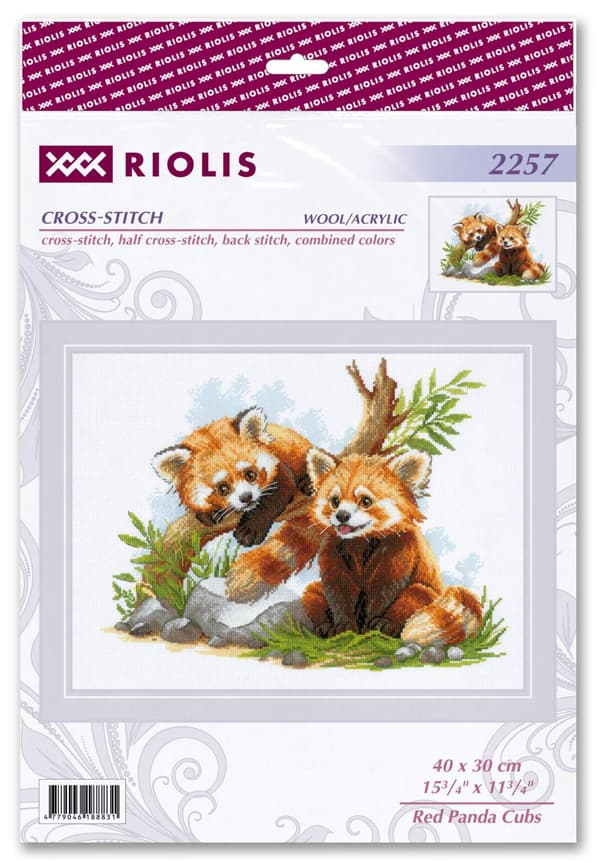 Broderikit med korssting - Riolis "Røde pandaer" 40x30 cm