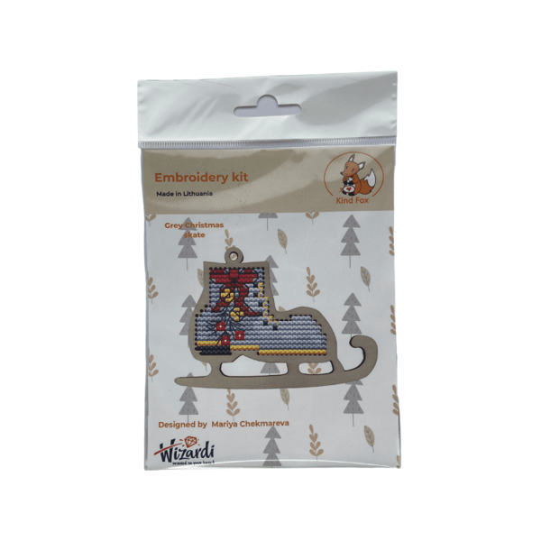 Träbroderi Kind Fox "Grå julskridsko" 8.5x6cm