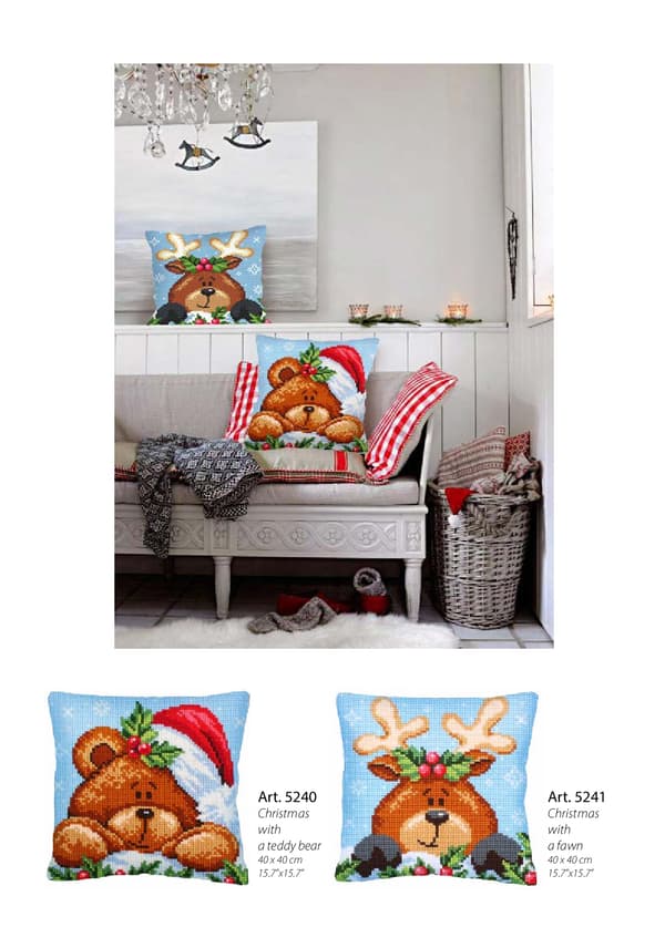 Broderikit Pude Collection D`Art 5240 - "Jul med bamse" 40x40 cm