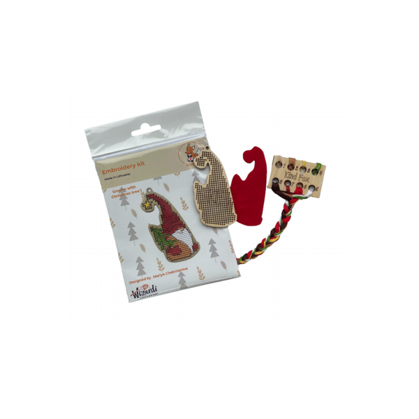 Träbroderi Kind Fox "Tomte med julgran" 5х8.5cm
