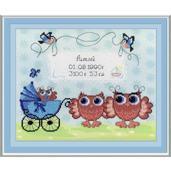 Broderikit MP Studia "Födelse-sampler ugglor" 25x22 cm