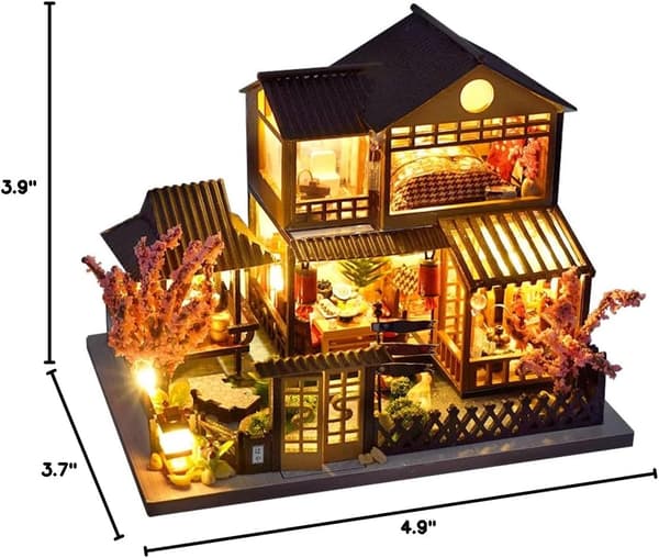 Dockhusminiatyr med möbler, DIY-dockhuskit plus dammskydd, kreativ rumsidé (japanskt trädgårdshus)