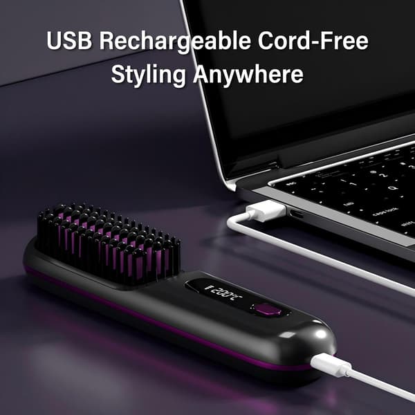 Trådløs rettetangbørste, Mini USB-C reisehårrettetang, 30s rask oppvarming, 4 temperaturinnstillinger 160–200°C, Ionisk keramikk