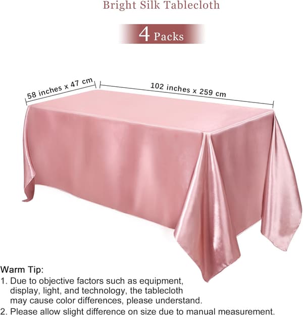 4 pakker satengduker i roségull 102 x 58 tommer, satengduker, rektangulær duk i skinnende silke, glatt stoff borddekorasjon til bryllup