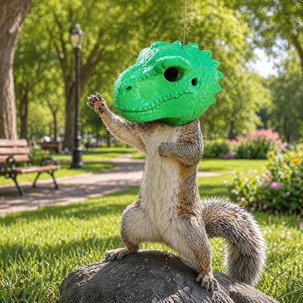 Dinosaurhoved Egernfoderautomat | Sjov Dino Hoved Egernfoderautomat | Hængende Dyrehesthoveder Foderautomater til Egern | Udendørs Baghave Terrasse Have