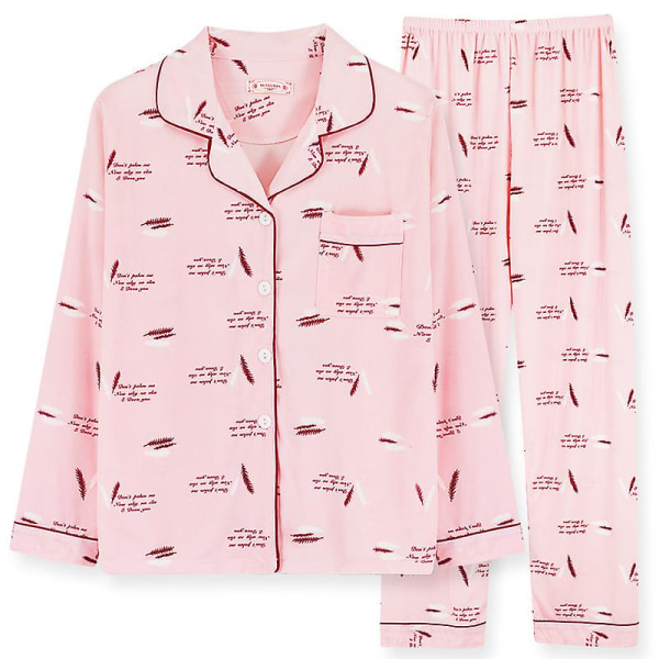 Söt pyjamas för damer i bomull, flickor, långärmade toppar+byxor med fickor Polka Dot Casual Lounge Wear pink feather M