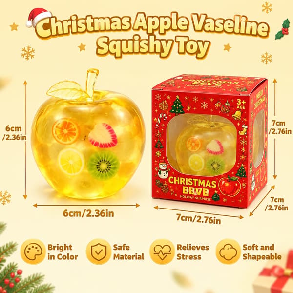 Jouluomena Vaseliini Squishy-lelu – Pehmeä hedelmätäytteinen aistilelu jouluaaton lahjapakkauksella, 6 cm