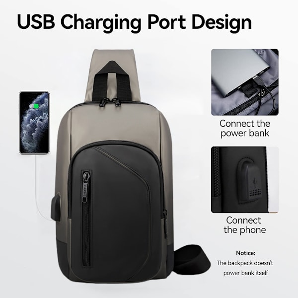 Diagonal bröstväska för män - USB uppladdningsbar ryggsäck vattentät khaki