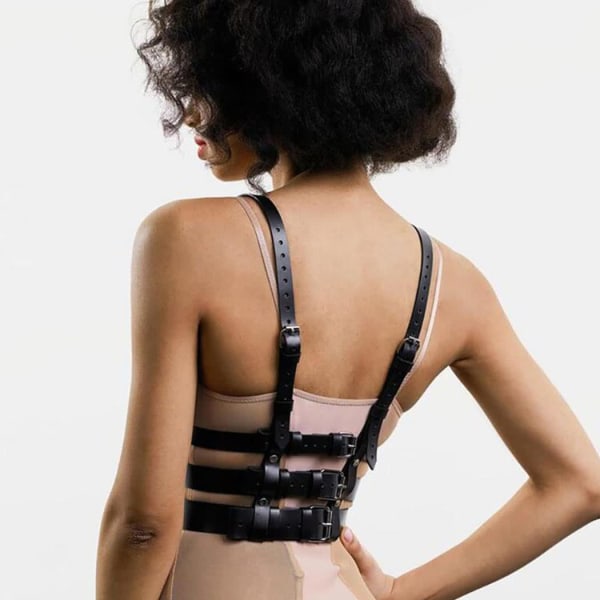 Svart Layered Läder BH Strap Body Chain Punk Sele
