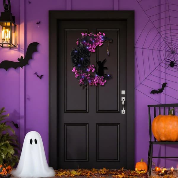 Halloweenkranser til inngangsdør, opplyst svart Halloween dørkrans