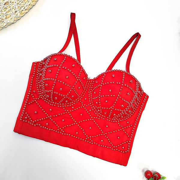 Utsökta pärlor Rhinestone Cropped Toppar Dam Bustier Vit Linne Rave Festival Club Party Topp Underkläder Camis red 38C