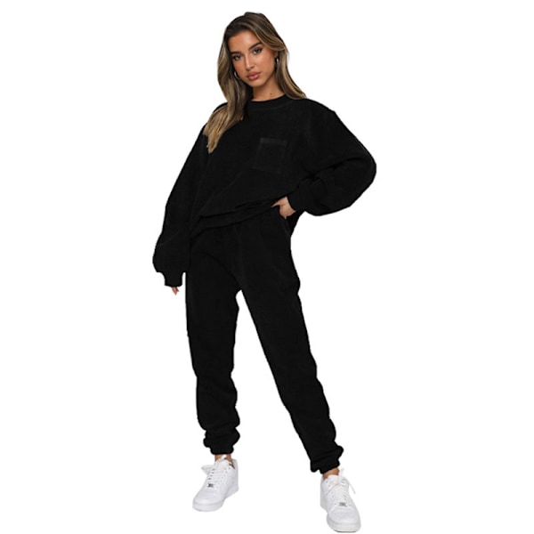 Höst och vinter ny korduroy enfärgad rund hals pullover långärmad tvådelad fashionabla långbyxor set för kvinnor black XXL