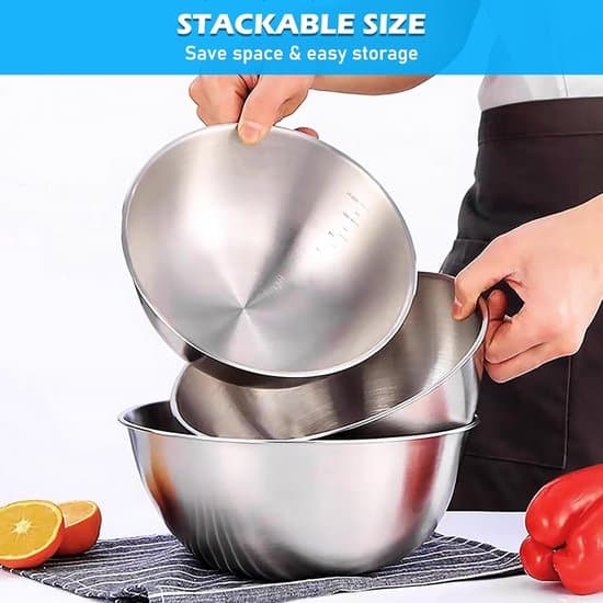 Miksboller i rustfritt stål - 5-dels sett - 304 rustfritt stål - 17, 19, 22, 25 og 28 cm - Stablebare og tåler oppvaskmaskin - For matlaging, baking og servering
