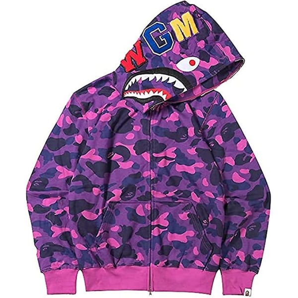 Shark Ape Bape Hoodie Camo Print Polyestertröja Casual Loose Zip Hoodie Jacka För Herr Dam purple M