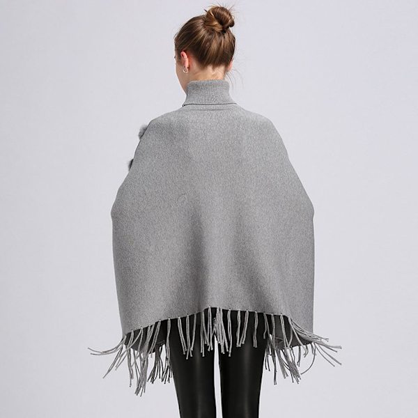 Lös turtleneck Pullover Wrap sjal med fuskpäls trimning Fladdermusblus med tofs stickning Cape for Lady