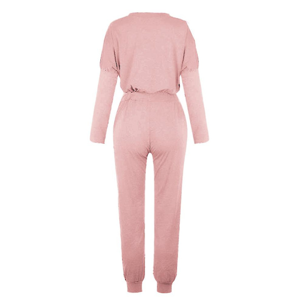 Kvinnor Casual Enkla kläder T-shirt Toppar + Dragsko Elastisk midja Jogging Träningsbyxor Byxor oungewear Set pink L