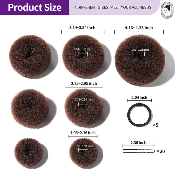 Donut Hårknold Maker Sæt - 7 Ringe (1 Ekstra Stor, 2 Stor, 2 Mellem, 2 Lille), 5 Elastikker, 20 Hårnåle, Mørkebrun