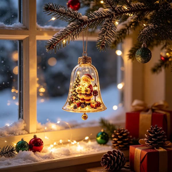 Glødende julefortelling-klokkeornamenter med lysende mini-feriescene