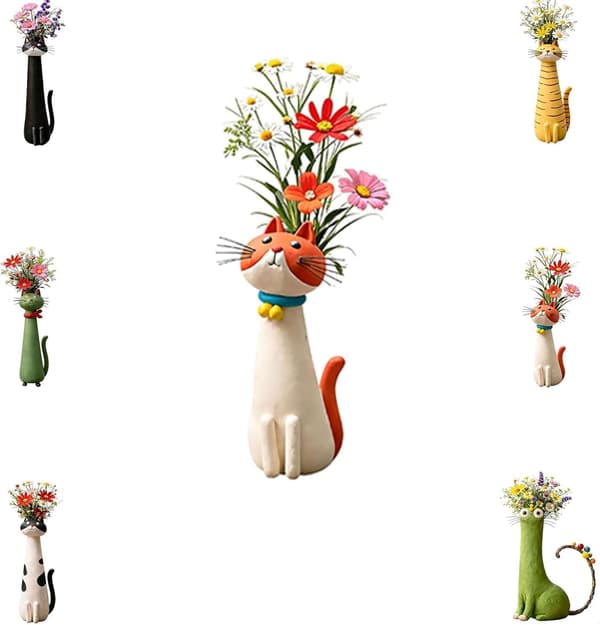 Håndlaget Kattevase, Lunefull Kattepotte for Små Blomster, Boho Skrivebordshylledekor, Unik Gave til Katteelskere (Hvit) C