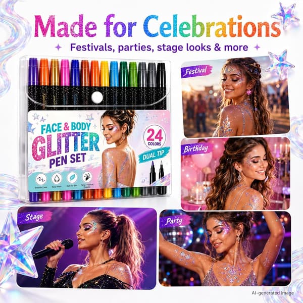 24-farvet glimmer-marker sæt med dobbeltspidser, festmakeup