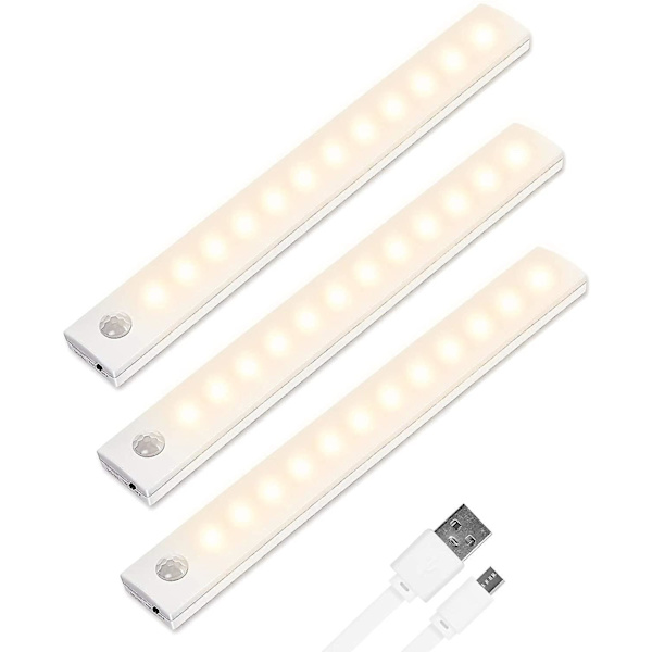 Led sensorljus 12 lysdioder, led skåpbelysning med rörelsesensor + magnetremsor, automatisk/på/av, paket med 3 uppladdningsbar skåplampa för kök, Wa