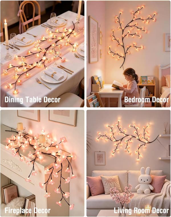Kirsebærblomstlys for soveromsinnredning, 1,2 m 48 LED-blomsterlys