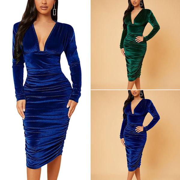 Kvinnor med djup V-ringad sammetsklänning Elegant Snygg långärmad höftkjol för bankettdansfest xl dark blue