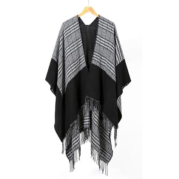 Svart Rutig Hoodie Cape Lovers' Poncho Loose Warm Cardigant