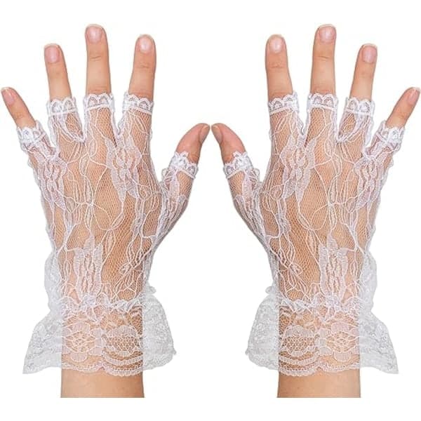 Hvite fingerløse blondehansker - Rufflede fingerløse blondebryllupshansker
