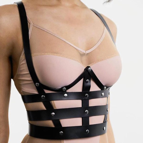 Svart Layered Läder BH Strap Body Chain Punk Sele