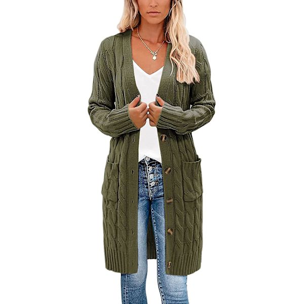 Lång cardigan, kabelstickad tröja för dam Långärmad tröja med öppen knapp framtill Ytterkläder med fickor för höst och vinter Army Green M
