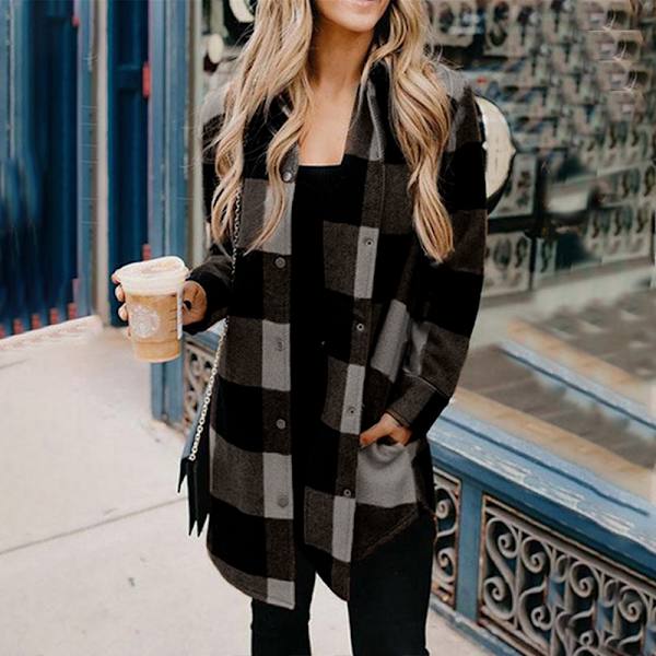 Långskjorta jacka med rutigt print för damer Casual topp med knapp Grey XL