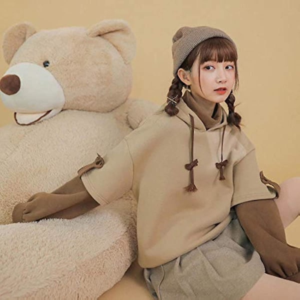Dam Harajuku Estetisk Bear Anime Hoodie Korean Kawaii Rund Neck Streetwear Kpop Höst- och vinterkläder Toppar Beig black 2XL