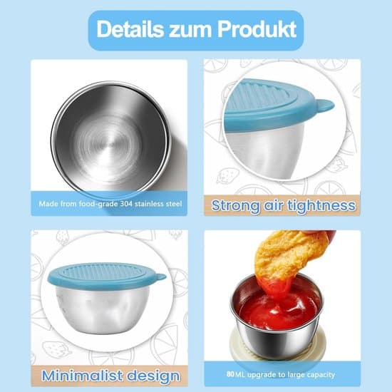 6-pack dippskålar i rostfritt stål, minicontainrar med lock – 80 ml salladsdressingbehållare för såser, dipp, snacks och kryddor (resevänliga)