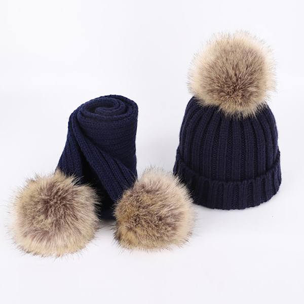 Förtjockad stor päls boll stickad hörselskydd cap set-Navy