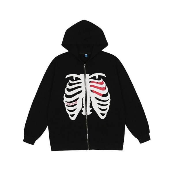 Unisex Zip Hoodies Rhinestone Skeleton Sweatshirt 90-tal Harajuku Black XL