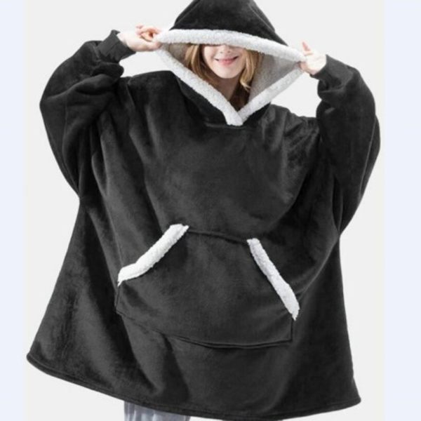 Extra stor filttröja med stora fickor, supermjuk teddyull, herr- och damtröjor, one size fits all black