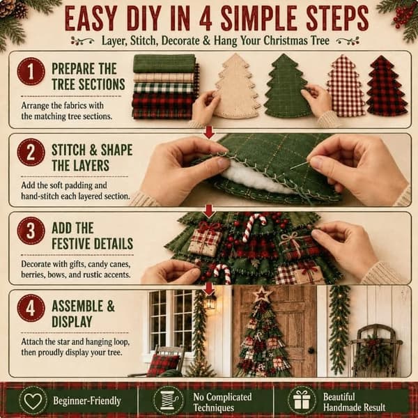 DIY Oversized Patchwork Juletræ Dørhængersæt, 3D Stofsyning & Samlesæt til Voksne, Julepynt til Væg & Indgangsparti
