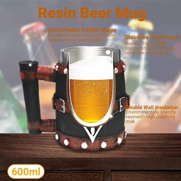 Fantasy RPG Drage- og Sverdølkrus - Håndlaget Harpiks Rustfritt Stål - Middelaldersk Trebøttedesign med Lærreimer - 21OZ