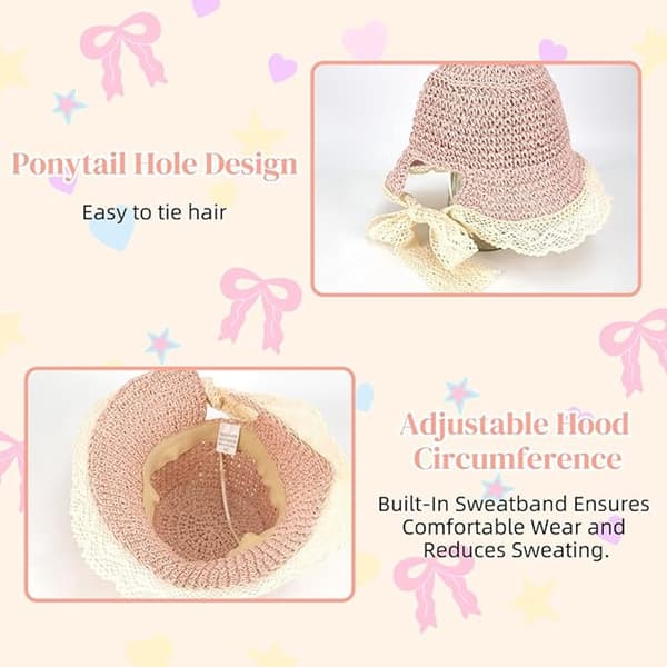 Hat – Sommerstråhat til piger – Bredskygget solhat – Blonde design – Justerbar & foldbar – Strandhat til børn – Pink