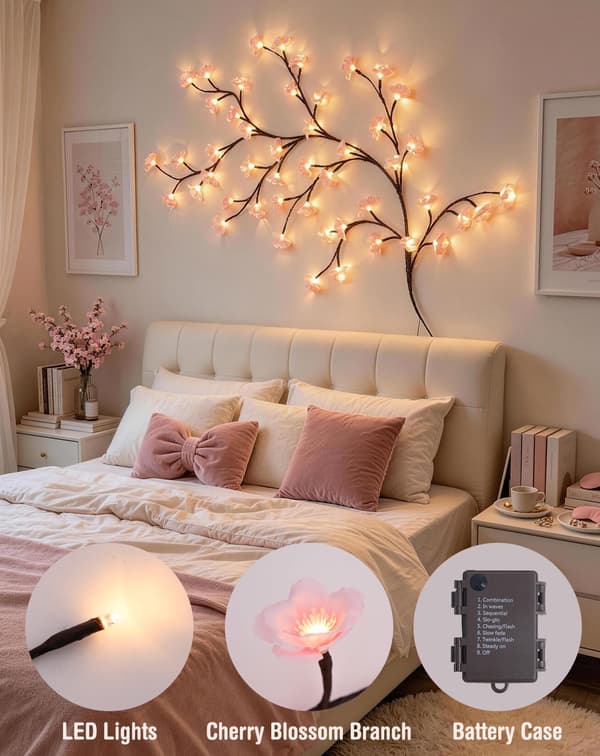 Kirsebærblomstlys for soveromsinnredning, 1,2 m 48 LED-blomsterlys