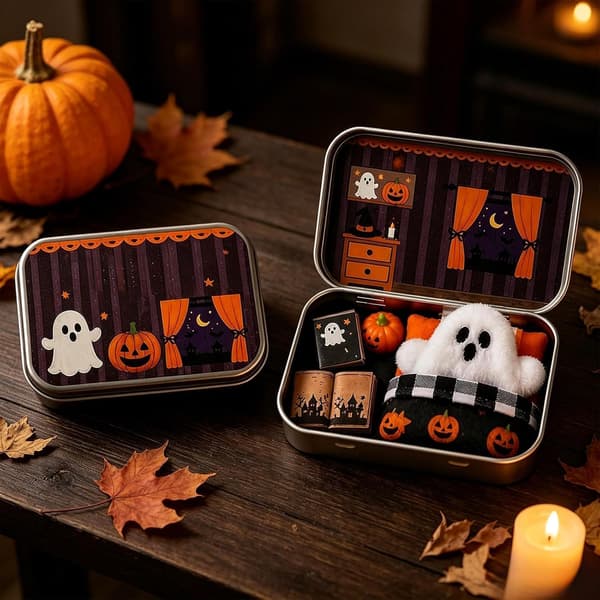 Halloween Mini Ghost Tasku Tin Box Set, Adopt A Ghost Pehmonukke